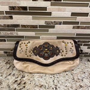 Kathy Van Zeeland Tan Faux Suede Gemstone Studded Crossbody Bag